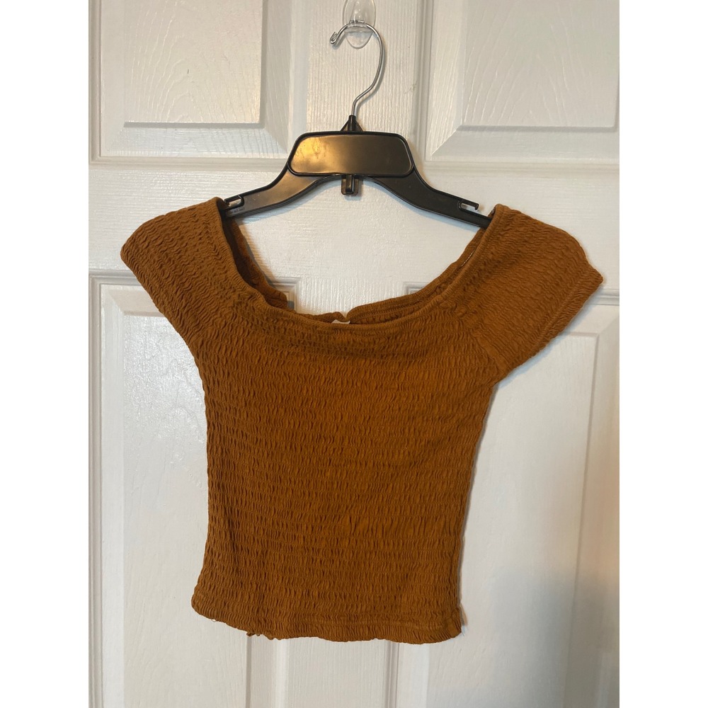 American Rag Womens Smocked Crop Top‎ Mustard Yellow Short Sleeve Size M Boho